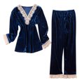 thumbnail image 1 of Lindreshi Pajamas for Women Set Long Sleeve 2pc Women's Gold Velvet Embroidered lace Long Sleeve Shirt Trousers Pajama Sets, 1 of 5
