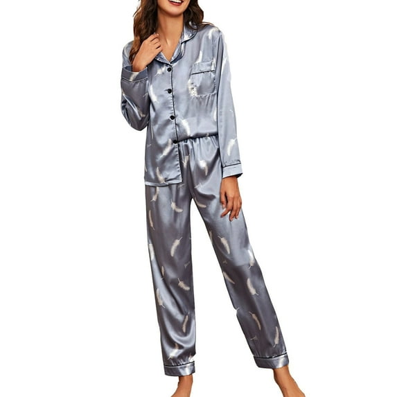 Lindreshi Pajamas for Women Set Long Sleeve 2pc Women's Home Clothes Long Sleeved Fashion Solid Color Silk Like Shirt Trousers Thin Pajama Suit