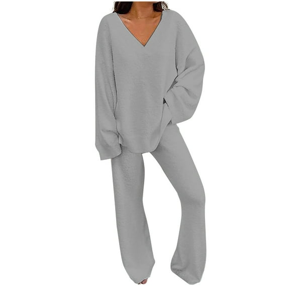 Lindreshi Pajamas for Women Set Women Two Piece Outfits Long Sleeve Solid Color Tops with High Waist Pants Baggy Warm Pajama Sets