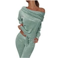 thumbnail image 1 of Lindreshi Pj Sets for Woman Women's Long Sleeve Cold Shoulder Solid Top Long Pants 2 Piece Casual Set, 1 of 6