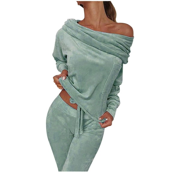Lindreshi Pj Sets for Woman Women's Long Sleeve Cold Shoulder Solid Top Long Pants 2 Piece Casual Set