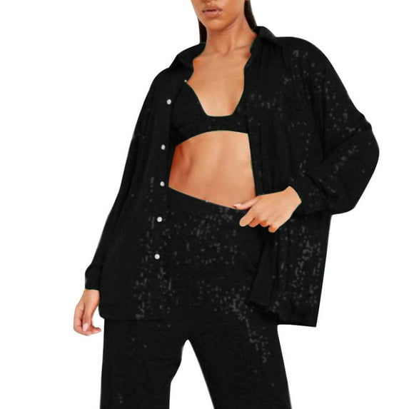 Lindreshi Pj Sets for Woman Women's Summer Solid Color Nightclub Style Sequined Fashion Casual Shirt