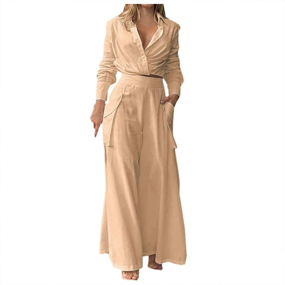 Lindreshi Pj Sets for Woman Fashion Women Solid V-Neck High Waist Casual Long SLeeve Top+ Pant Set