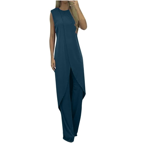 Lindreshi Pj Sets for Woman Ladies Summer Fashion Casual Loose Round Neck Sleeveless Wide Leg Linen Suit