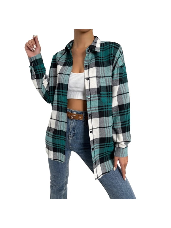 Plaid Button Down Shirts for Women Fashion Casual Printed Lapel Long Sleeve Tops Jacket Plaid Coat with Pockets