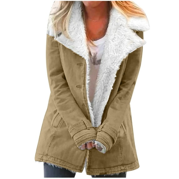 Lindreshi Plus Size Coats for Women Clearance Women's Fashion Long Sleeve Pocket Plush Button Coat Long Sleeve Hatless Casual Coat/Jacket