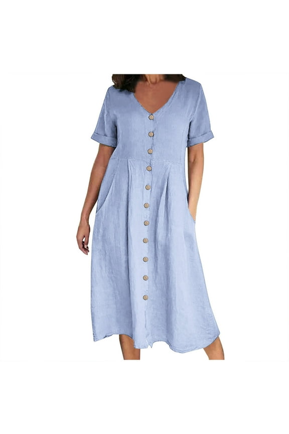 Plus Size Dresses Casual Formal Fashion Women Summer Casual V-Neck Solid Short Sleeve Button Pocket Cotton Linen Dress