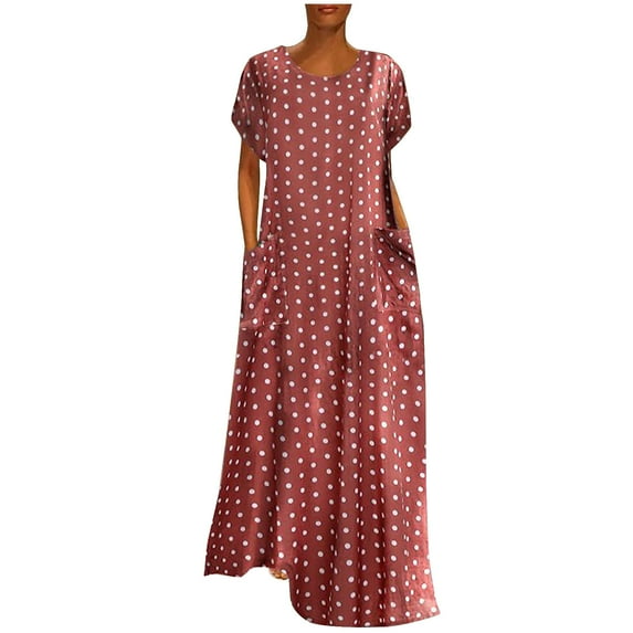 Lindreshi Plus Size Dresses Casual Formal Women Plus Size Loose Short Sleeve Holiday Pockets Polka Print Maxi Dresses