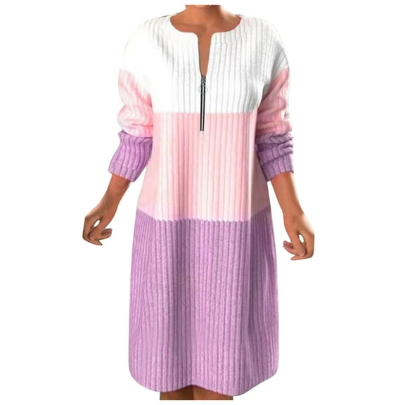 Lindreshi Plus Size Dresses for Women on Clearance Winter New Sweater Women's Zipper Contrast Panel Long Sleeve Zipper Long Dress