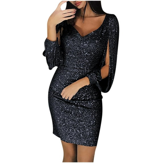 Lindreshi Plus Size Dresses for Women on Women Solid Sequined Shining Club Sheath Long Sleeved Mini Dress