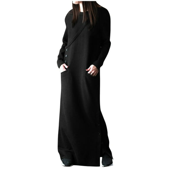Lindreshi Plus Size Dresses for Women on Women's Fashion Round Neck Winter Warm Color Long Sleeve Pocket Long Dress