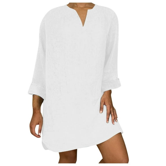Lindreshi Plus Size Dresses for Women on Women's V-Neck Loose Large Cotton Linen Long Sleeve V-Neck Mid Calf Dress