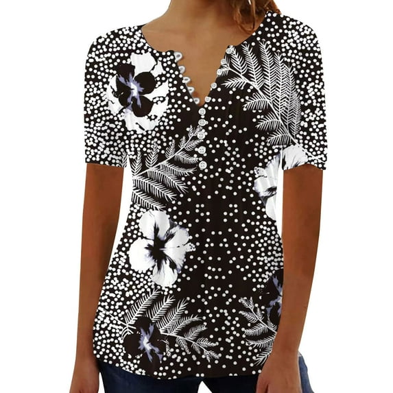 Lindreshi Plus Size Shirts Clearance under 5.00 Women's Fashion Casual Round Neck Pleated Printing Button Top Blouse