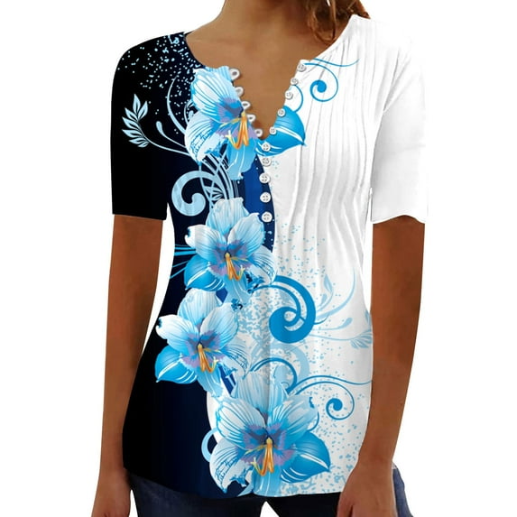 Lindreshi Plus Size Shirts Clearance under 5.00 Women's Fashion Casual Round Neck Pleated Solid Color Button Top Blouse