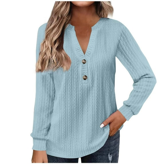 Lindreshi Plus Size Tops Long Sleeve Fashion Women's Button V-Neck Long Sleeve Casual T-Shirt Top Solid Blouse