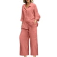 thumbnail image 1 of Lindreshi Plus Size Two Piece Outfits for Women Lounge Sets Cotton Linen Button Lapel Long Sleeve Shirts and Wide Leg Pants Casual Solid Loose Womens 2 Piece Sets, 1 of 6
