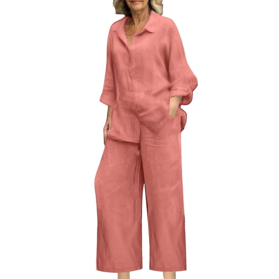 Lindreshi Plus Size Two Piece Outfits for Women Lounge Sets Cotton Linen Button Lapel Long Sleeve Shirts and Wide Leg Pants Casual Solid Loose Womens 2 Piece Sets