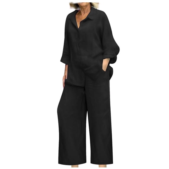 Lindreshi Plus Size Two Piece Outfits for Women Lounge Sets Cotton Linen Button Lapel Long Sleeve Shirts and Wide Leg Pants Casual Solid Loose Womens 2 Piece Sets