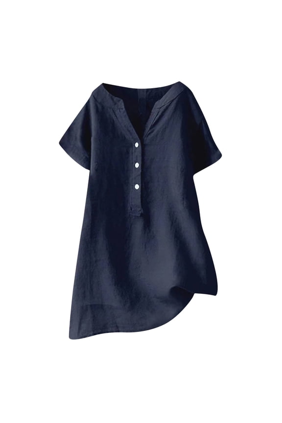 Plus Size Women's V-Neck Short Sleeve Loose Button Cotton And Linen Tunic Shirts Summer Shirts Blouse