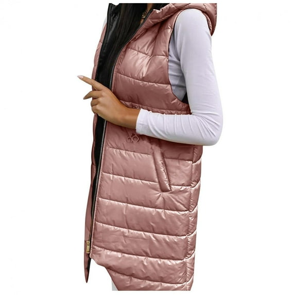 Lindreshi Puffer Vest Women Plus Size Clearance Ladies Solid Color Hooded Vest Zipper Sleeveless Pocket Mid-length Jacket