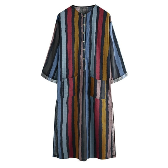 Lindreshi Robes for Women Mens Summer Fashion Casual Stripe Print Long Sleeve Shirt Retro Robes