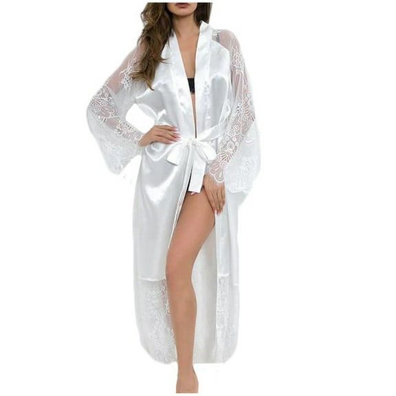 Lindreshi Robes for Women Clearance Women Sexy Silk Lace Satin Long Robe Bathrobe Lingerie Sleepwear Belt Pajamas