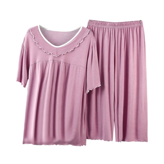 Lindreshi Sexy Lingerie for Women Set Women's Short Sleeved Capris Large and Thin Casual and Home Wear Two-Piece Set