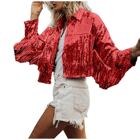 Lindreshi Shackets for Women 2023 with Pockets Fashion Women Casual Vacation Style Solid Color Fringe Sequin Long Sleeve Tops Coat