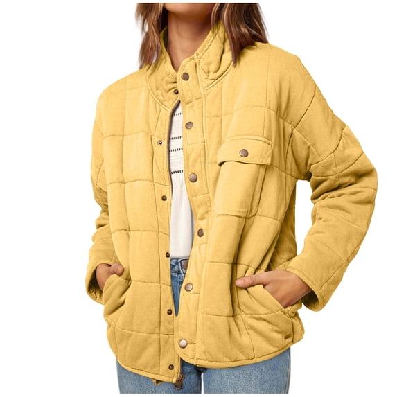 Lindreshi Shackets for Women 2023 with Pockets Ladies Solid Color Stand Collar Long Sleeve Casual Padded Jacket