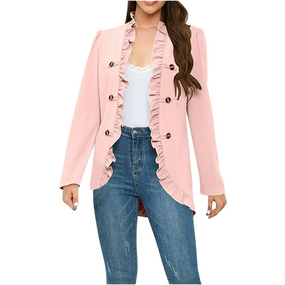 Lindreshi Shackets for Women 2023 with Pockets Woman Solid Color Casual Loose Ruffles Button Jacket Long Sleeve Short Suit