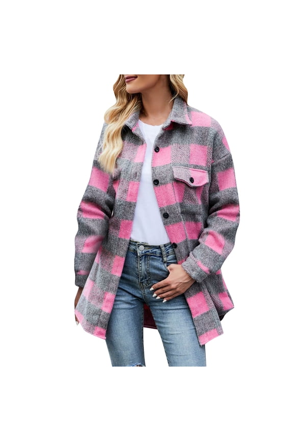Shackets for Women 2023 with Pockets Women Fashion Brushed Woolen Jacket Single-breasted Lapel Long Sleeve Plaid Cardigan Shirt