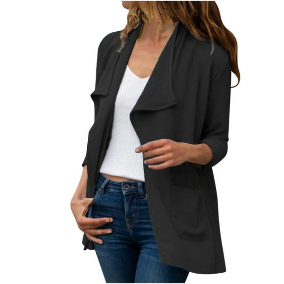 Lindreshi Shackets for Women 2023 with Pockets Women Solid Color Casual Long Sleeve Pocket Mid-Length Cardigan Tops Blouse Coat