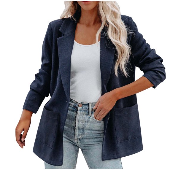 Lindreshi Shackets for Women 2023 with Pockets Women's Solid Open Front Medium and Long Blouse Long Sleeve Suit Hoodless Casual Outwear Loose Tops