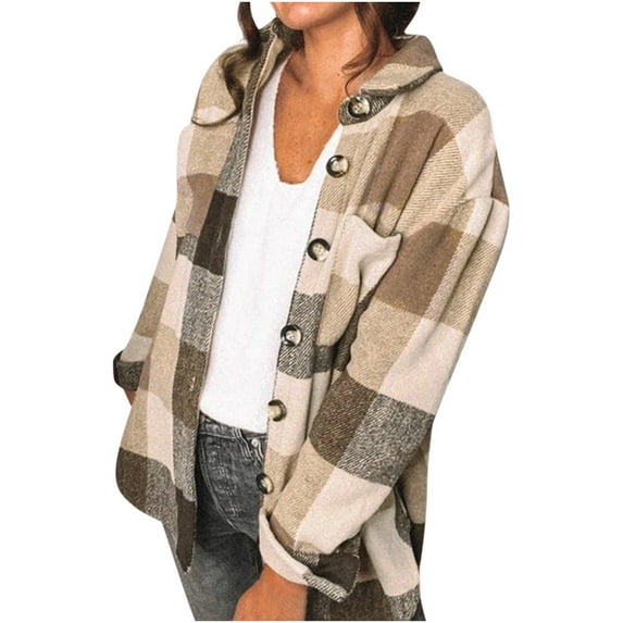 Lindreshi Shackets for Women Fall Clearance Women Casual Full Sleeve Plaid Print Turndown Collar Outwear Jackets