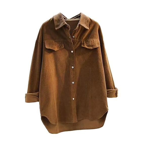 Lindreshi Shackets for Women Fall Women's Corduroy Casual Double Pocket Cardigan Tops Long Sleeve Hatless Casual Coat/Shirt