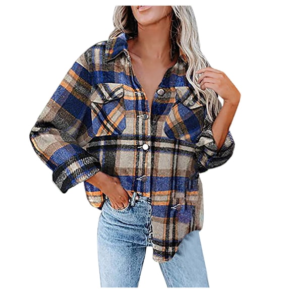 Lindreshi Shackets for Women Fall and WinterFashion Women Plaid Printing Cardigan Button Coat Blouse Outwear Tops