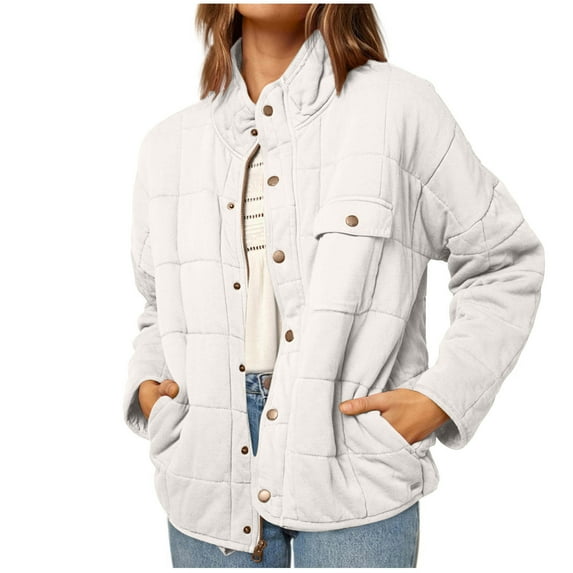 Lindreshi Shackets for Women with Pockets Ladies Solid Color Stand Collar Long Sleeve Casual Padded Jacket