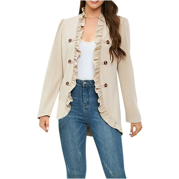Lindreshi Shackets for Women with Pockets Woman Solid Color Casual Loose Ruffles Button Jacket Long Sleeve Short Suit