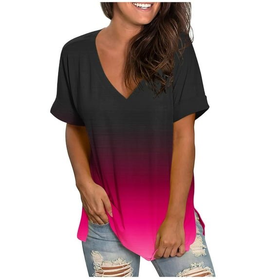 Lindreshi Short Sleeve Shirts for Women Clearance Women's Fashion Casual Gradient V-neck Short Sleeve Loose T-shirt Tops