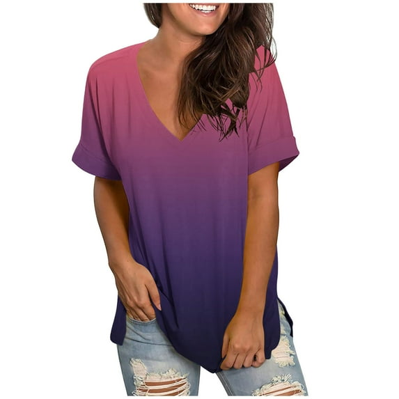 Lindreshi Short Sleeve Shirts for Women Clearance Women's Fashion Casual Gradient V-neck Short Sleeve Loose T-shirt Tops
