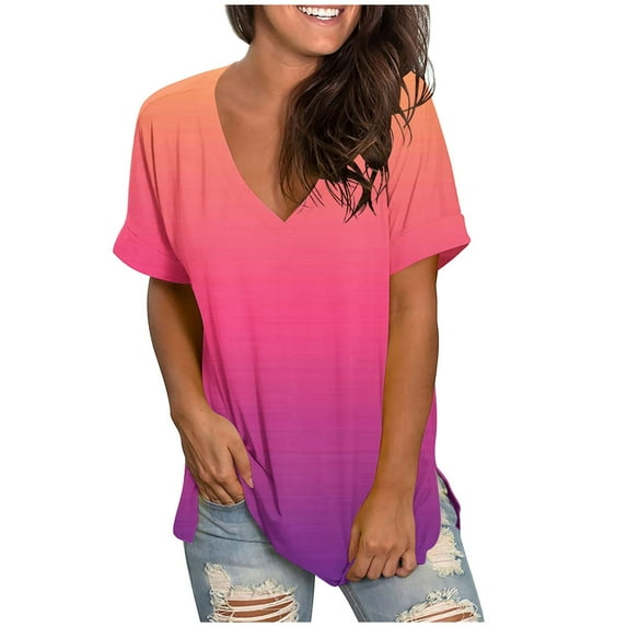 Lindreshi Short Sleeve Shirts for Women Clearance Women's Fashion Casual Gradient V-neck Short Sleeve Loose T-shirt Tops