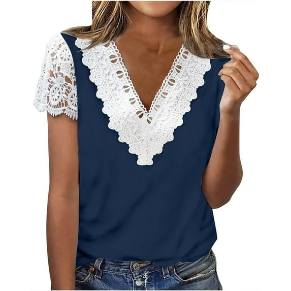 Lindreshi Short Sleeve Womens Tops V Neck Women Fashion Summer Fold Printed Regular Women Short Sleeves V Neck Button Top
