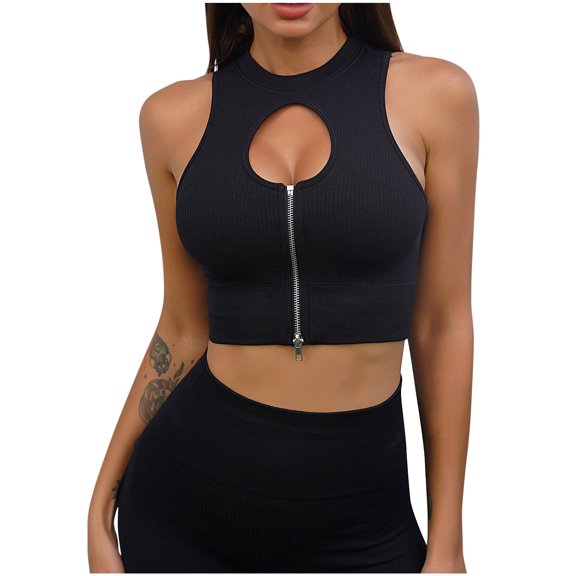 Lindreshi Sports Bras for women's Casual Fashion Bodybuilding Run Yoga Zipper Hollow Out Solid Color Round-Neck Tank Tops