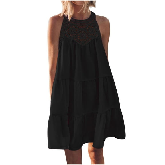 Lindreshi Summer Dresses for Women 2024 Women's Summer Solid Color Hollowed Out Camisole Dress Casual Sleeveless A-line Layered Beach Vacation Dress With Tone Camisole Round Neck Dress