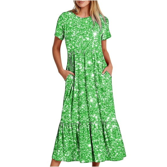 Lindreshi Summer Dresses for Women 2024 Women's Summer Casual Short Sleeve Crewneck Dress Casual Flowy Tiered Maxi Beach Dress With Pockets Shiny Print Dress