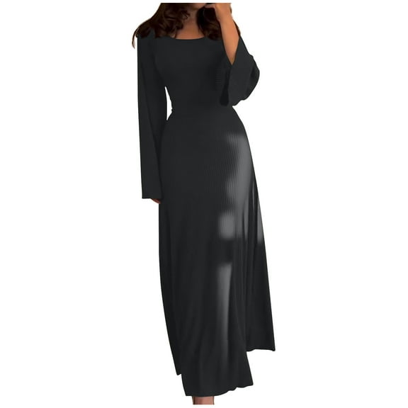 Lindreshi Summer Dresses for Women 2024 Fall and Winter New Solid Round Neck Long Sleeve Split Loose Relaxed Dress for Women
