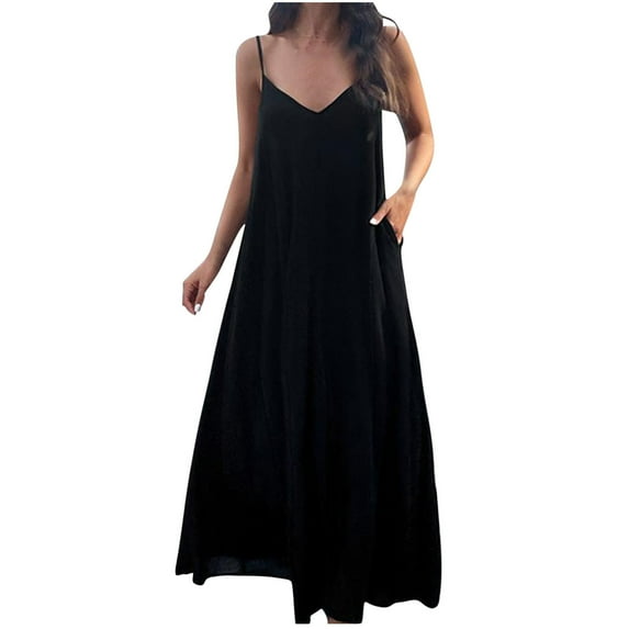 Lindreshi Summer Dresses for Women 2024 New Women's V-neck Solid Color Elegant Hanging Strap Dress