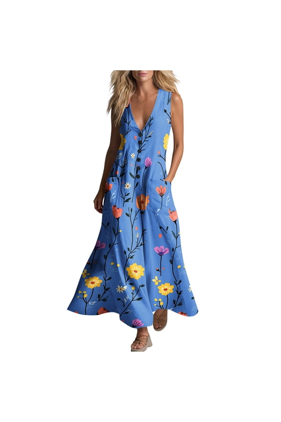 Summer Dresses for Women 2026 Women Casual Loose Printed Tank Dress Beach V-neck Pocket Sundress Sleeveless Dresses