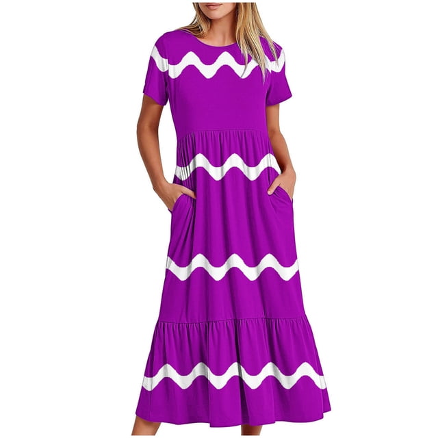 Lindreshi Summer Dresses for Women 2024 Women's Fashionable Short Sleeve Round-Neck Loose Wave Printed Long Dress