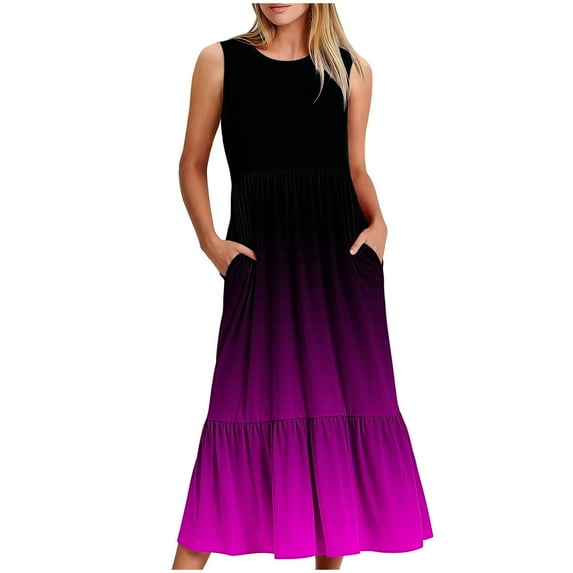 Lindreshi Summer Dresses for Women 2024 Women's Fashionable Sleeveless Pocket Round Neck Printing Loose Long Dress